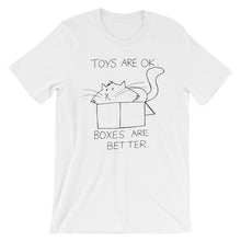 Load image into Gallery viewer, CHUM THE CAT &quot;BOXES ARE BETTER&quot; Hand drawn design. Short-Sleeve Unisex T-Shirt - We Care Tees
