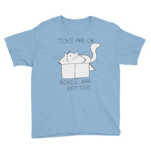 Load image into Gallery viewer, CHUM THE CAT &quot;BOXES ARE BETTER&quot; Hand drawn design. Youth Short Sleeve T-Shirt - We Care Tees
