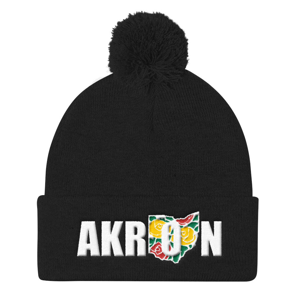 Beautiful Akron 2 Embroidered Pom Pom Knit Beanie Cap - We Care Tees