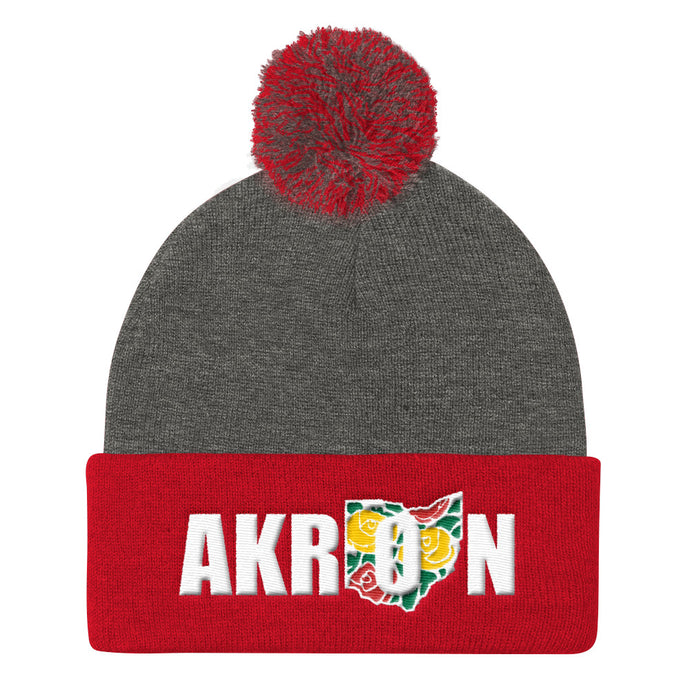 Beautiful Akron 2 Embroidered Pom Pom Knit Beanie Cap - We Care Tees