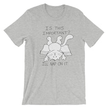 Load image into Gallery viewer, CHUM THE CAT &quot;I&#39;LL NAP ON IT&quot; Hand drawn design. Short-Sleeve Unisex T-Shirt - We Care Tees
