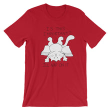 Load image into Gallery viewer, CHUM THE CAT &quot;I&#39;LL NAP ON IT&quot; Hand drawn design. Short-Sleeve Unisex T-Shirt - We Care Tees
