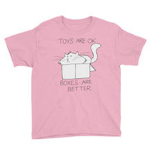 Load image into Gallery viewer, CHUM THE CAT &quot;BOXES ARE BETTER&quot; Hand drawn design. Youth Short Sleeve T-Shirt - We Care Tees
